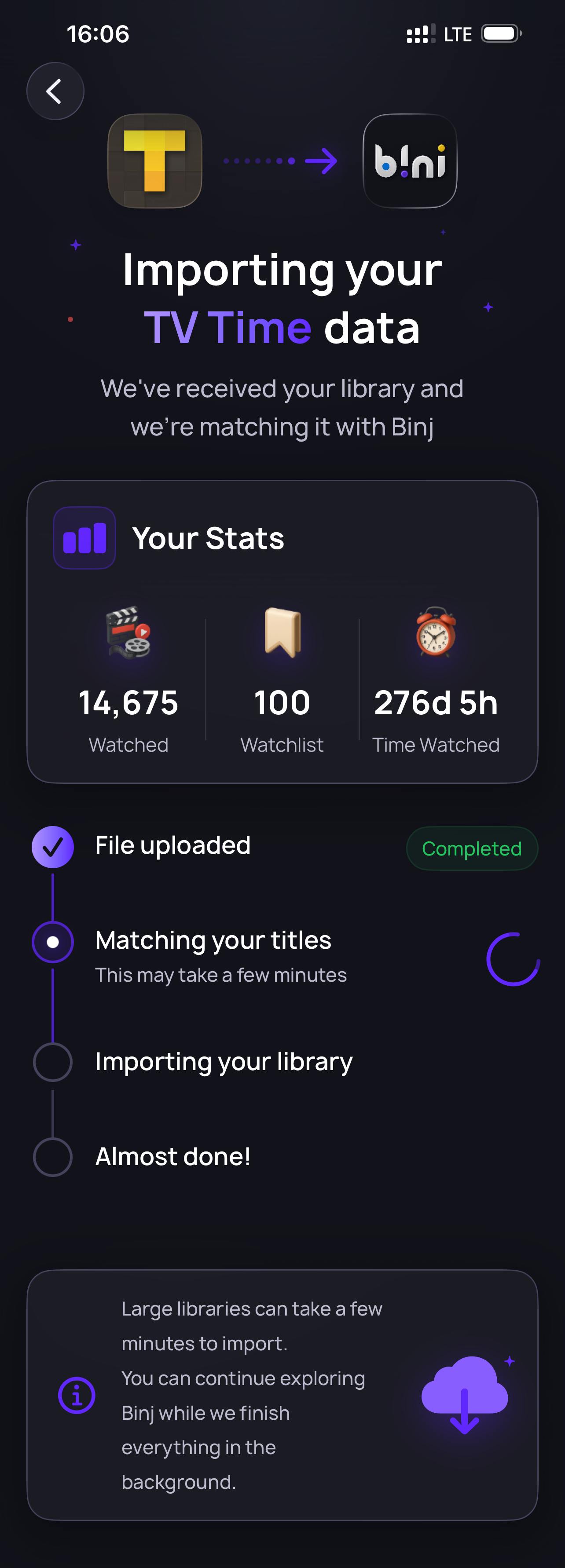 Binj app import screen showing TV Time data matching progress, stats, and upload status