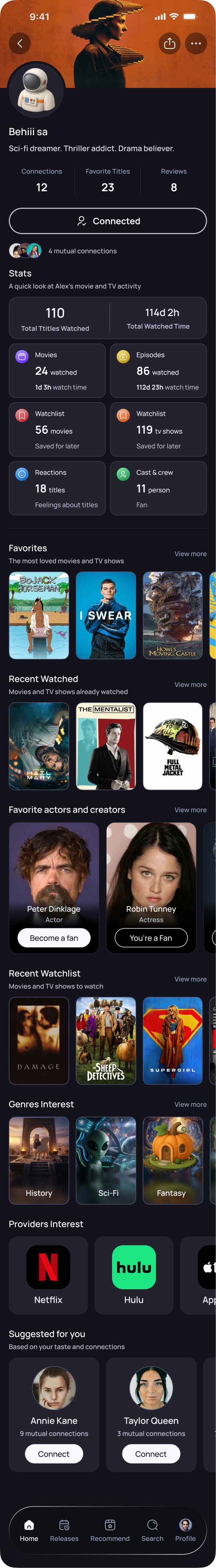 Binj profile screen showing watch stats, recommendations, favorites, recent watched titles, actors, genres, and providers
