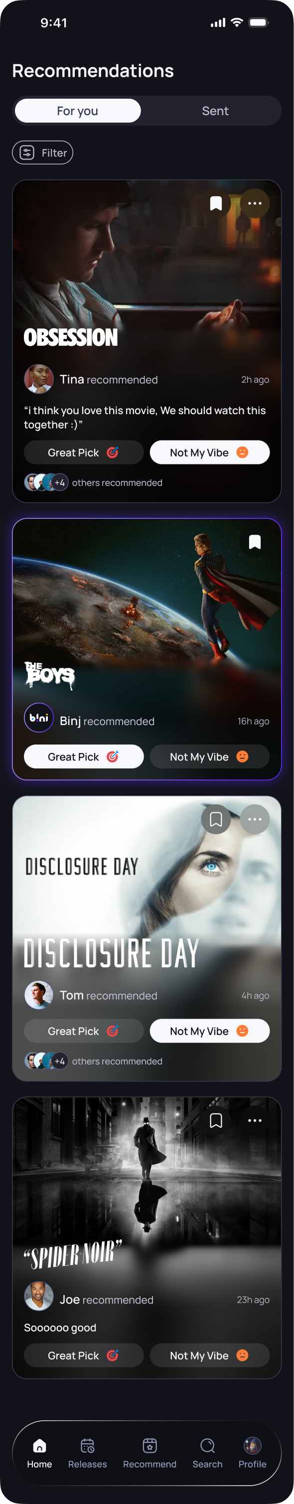 Binj recommendations screen showing friend and AI recommendations with reaction controls
