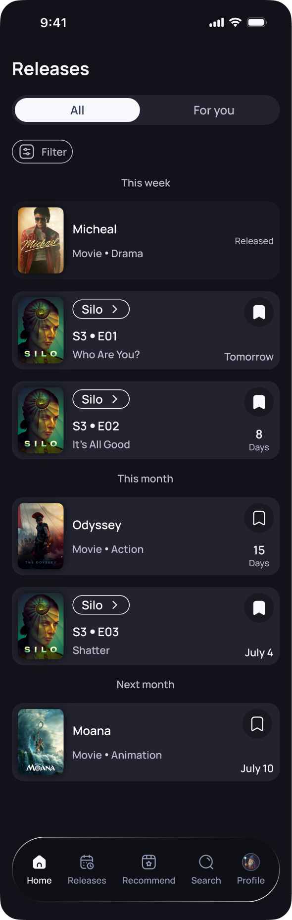 Binj releases screen showing new releases, upcoming episodes, and notify me controls