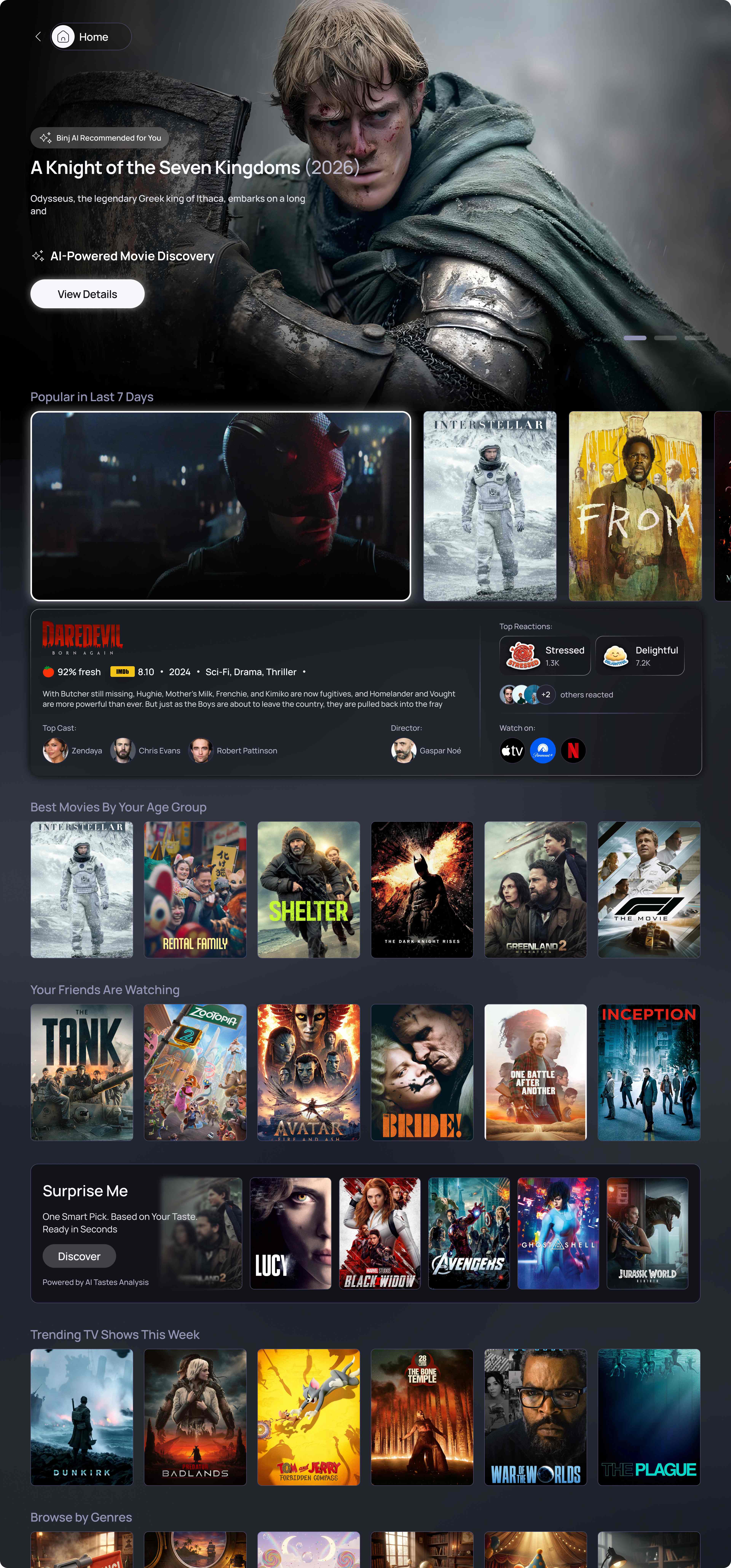 Binj TV home screen showing AI-powered discovery rows and movie recommendations on a wide screen